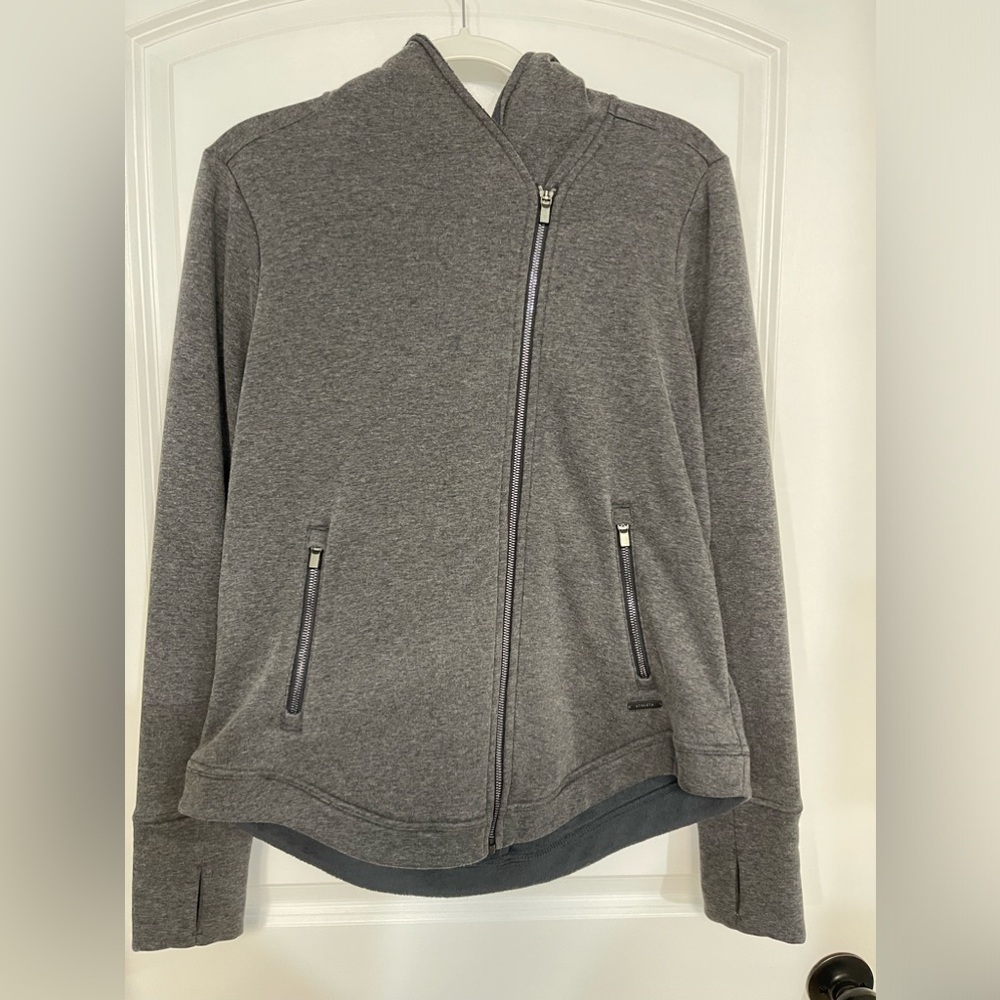 Athleta dark gray asymmetrical zipper fleece lined jacket with hood